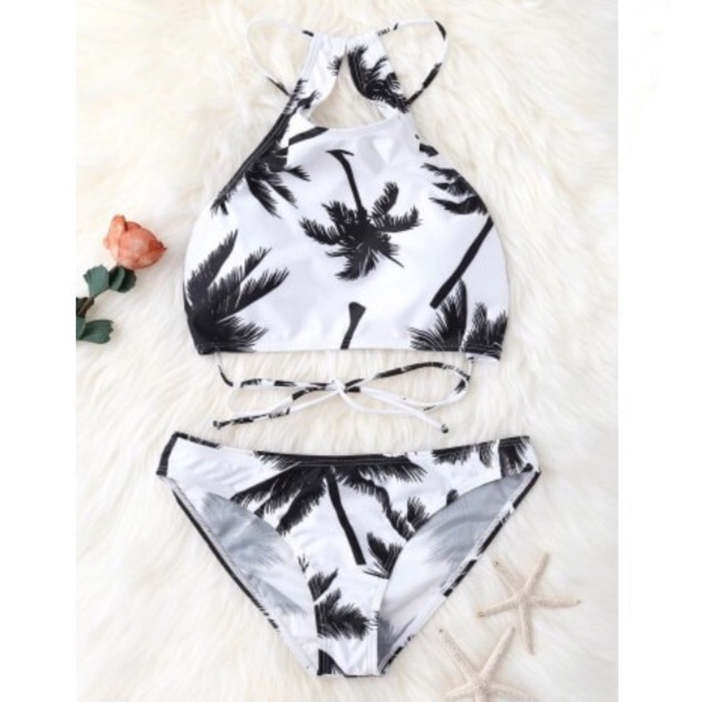 High neck palm tree bikini set
